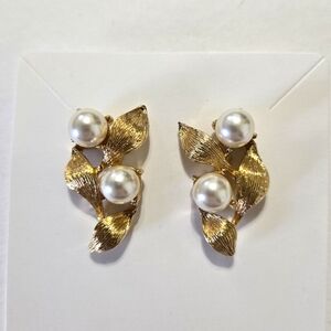 Napier Gold Tone Pierced Earrings With Leaf & Pearl Design